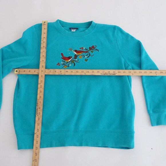 Basic Editions Teal Embroidered Birds Crewneck Sweater L - Picture 4 of 11